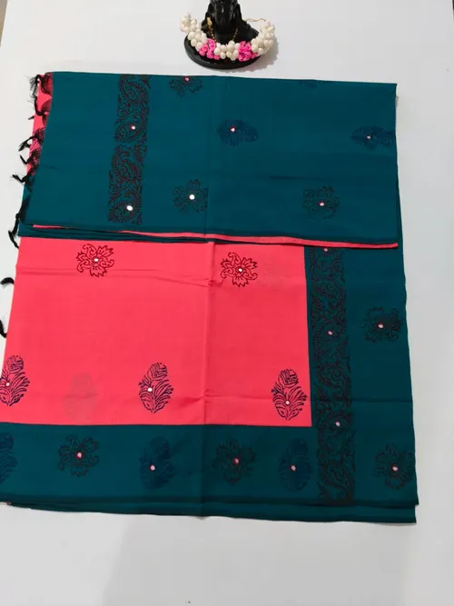 POLY COTTON SAREE WITH MIRROR WORK 